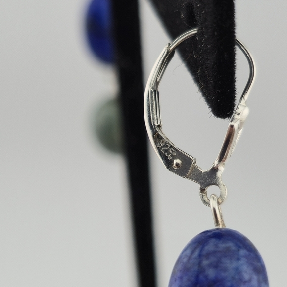 Sterling Silver 925 Lapis & Green Stone Dangle Earrings Leverback 2" Drop - Picture 5 of 8